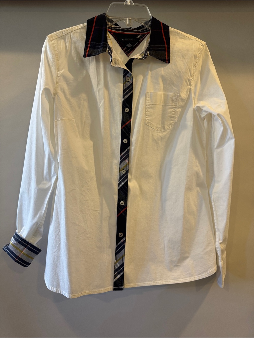 Tommy Hilfiger White Long-Sleeve Shirt with Navy Plaid Trim